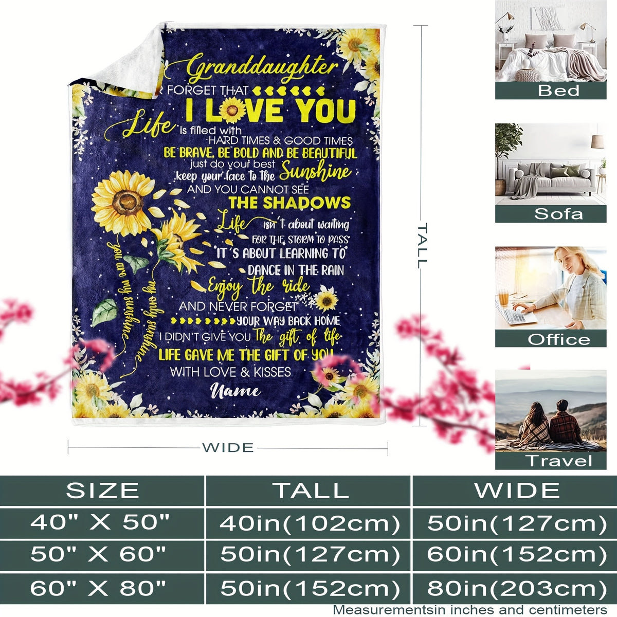 GiftoLuck “To My Granddaughter” Soft and Warm Flannel Blanket – Gift from Grandma to Granddaughter's Birthday or Graduation