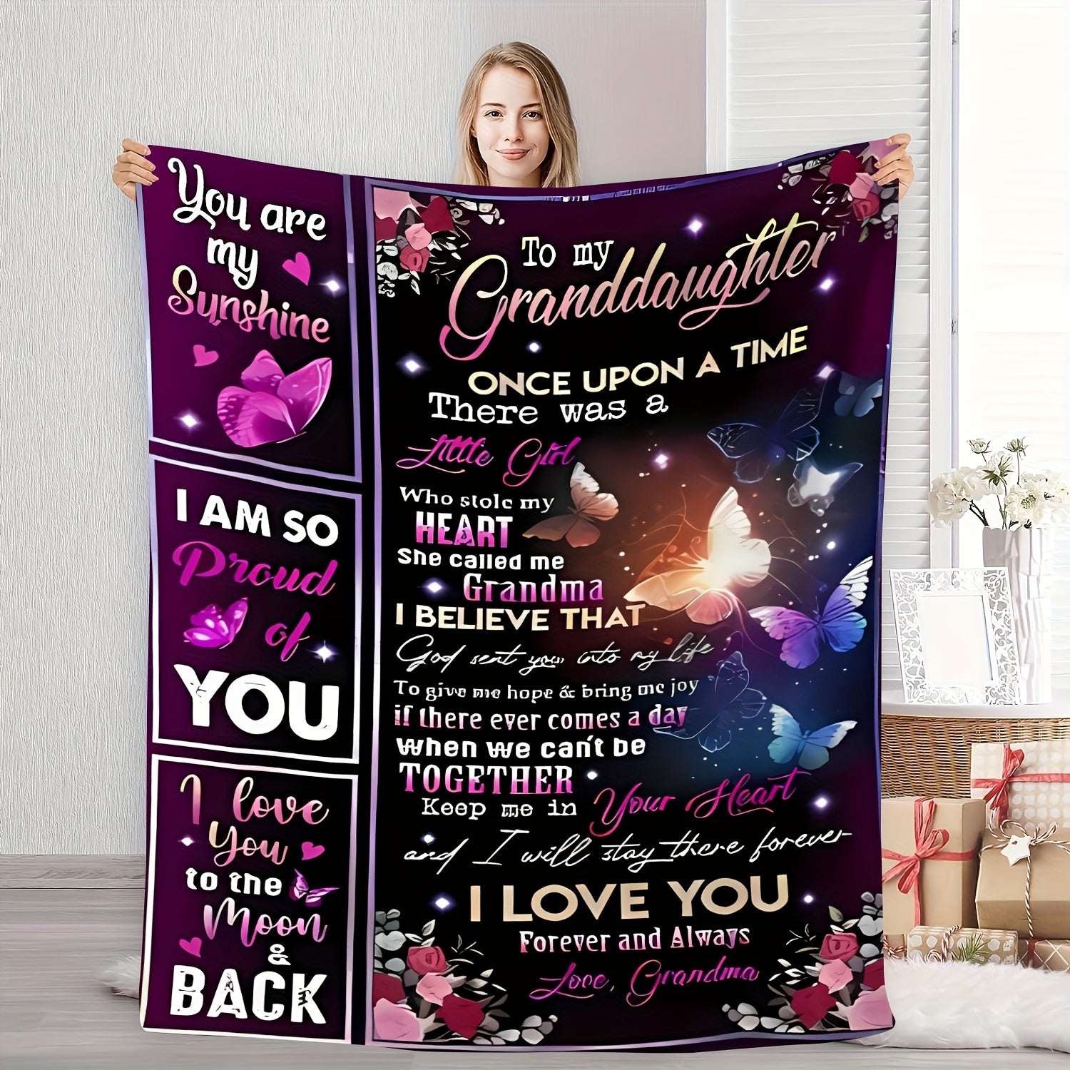 Aonana “To My Granddaughter” Butterfly Garden Flannel Blanket