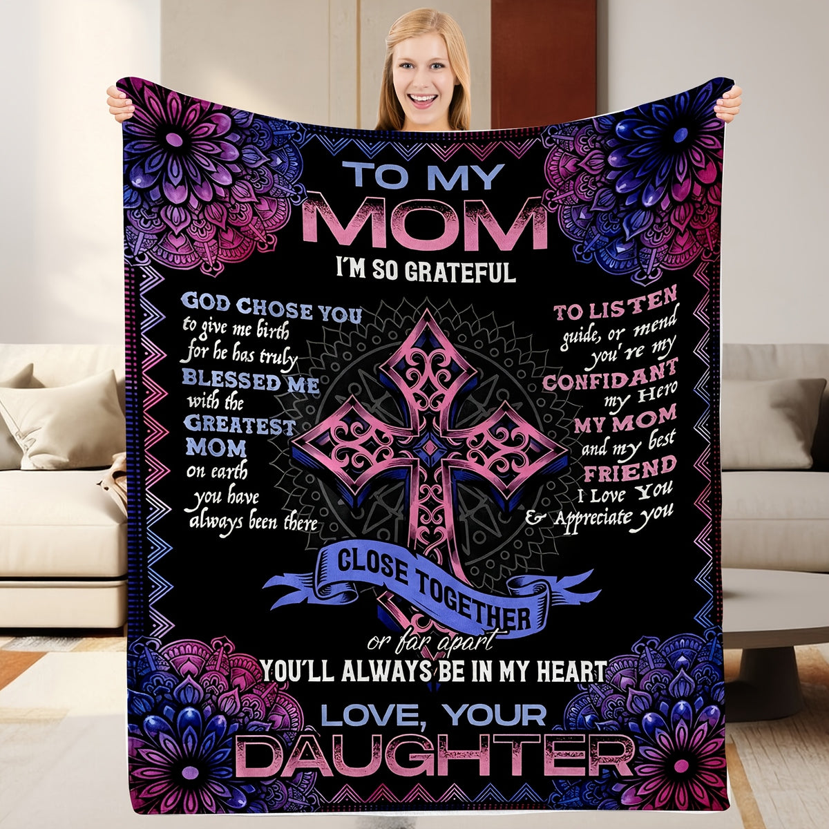 GiftoLuck “To My Mom” Flannel Blanket Soft Cozy Throw Perfect Gift for Mother's Day,Birthday,Holiday
