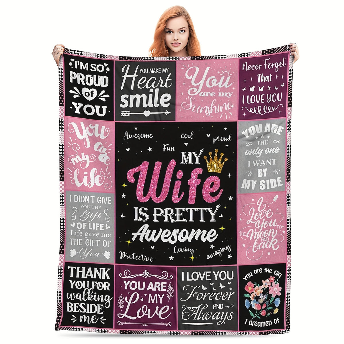 GiftoLuck “To My Wife” Flannel Blanket Soft Cozy Throw for Sofa, Bed & Living Room