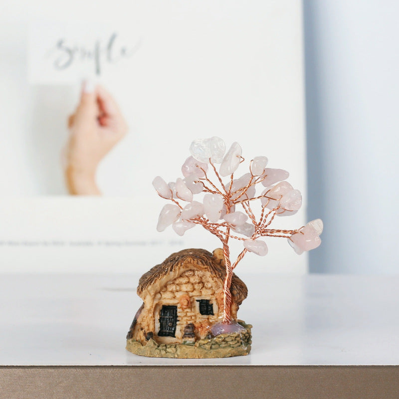 Giftoluck Mini Antique House Crystal Gravel Ornaments Feng Shui Tree