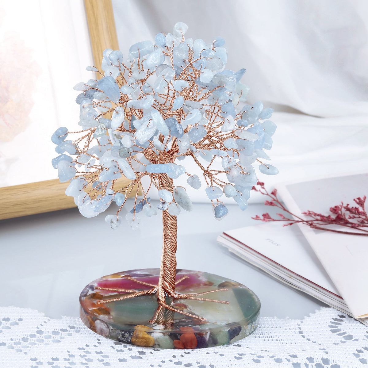 Giftoluck Round Agate Piece Base Healing Crystal Feng Shui Tree