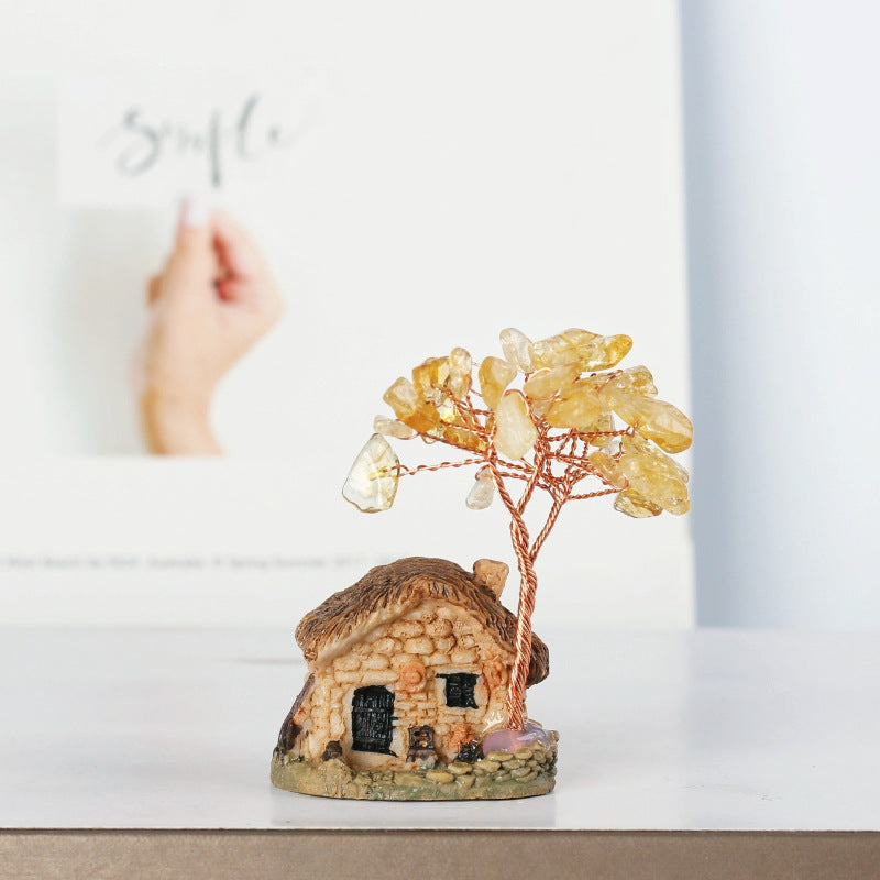 Giftoluck Mini Antique House Crystal Gravel Ornaments Feng Shui Tree