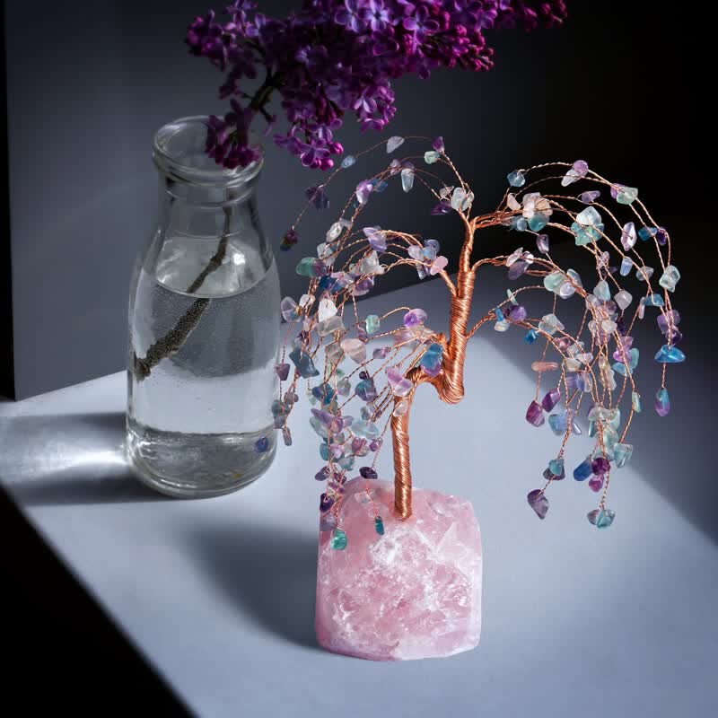 Giftoluck Fluorite Leaves Rose Quartz Base Feng Shui Tree