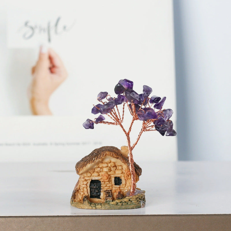 Giftoluck Mini Antique House Crystal Gravel Ornaments Feng Shui Tree
